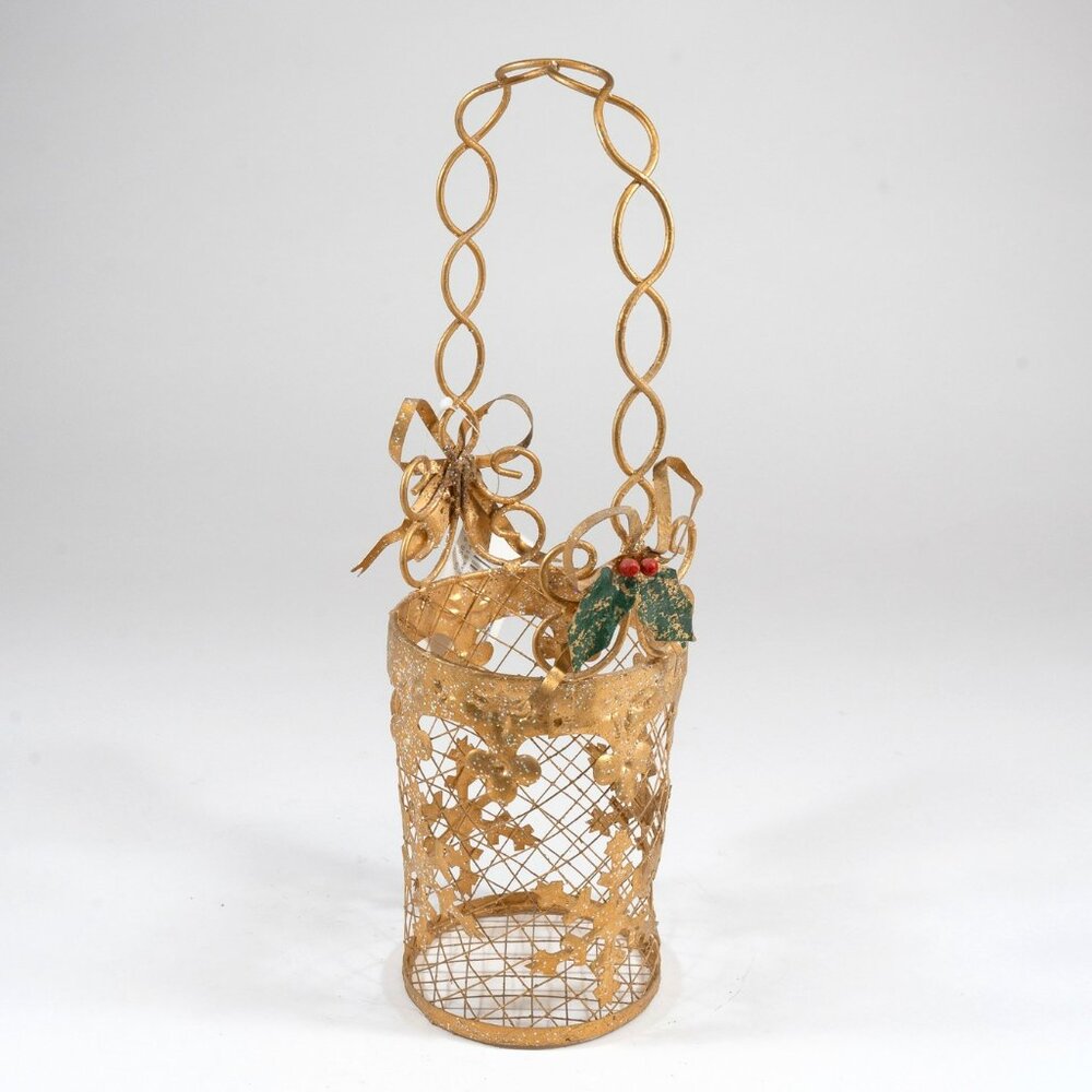 Gold Metal Christmas Holly Wine Holder, 14" tall